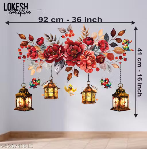 Lokesh creative 3D Floral Lantern & Birds Wall Sticker – Beautiful Removable Wall Art for Living Room, Bedroom & Home Decor