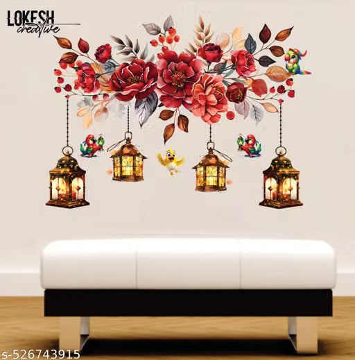 Lokesh creative 3D Floral Lantern & Birds Wall Sticker – Beautiful Removable Wall Art for Living Room, Bedroom & Home Decor