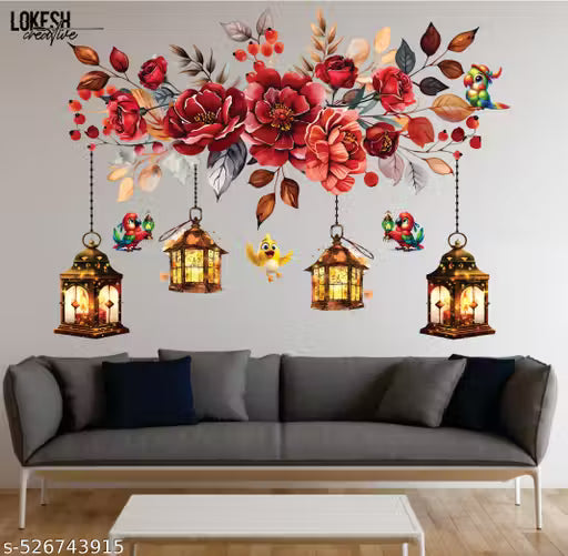 Lokesh creative 3D Floral Lantern & Birds Wall Sticker – Beautiful Removable Wall Art for Living Room, Bedroom & Home Decor