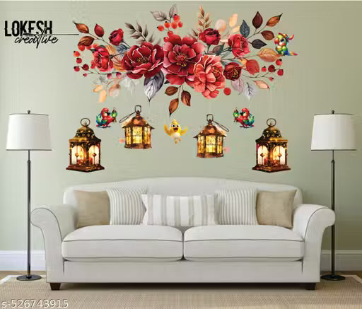 Lokesh creative 3D Floral Lantern & Birds Wall Sticker – Beautiful Removable Wall Art for Living Room, Bedroom & Home Decor